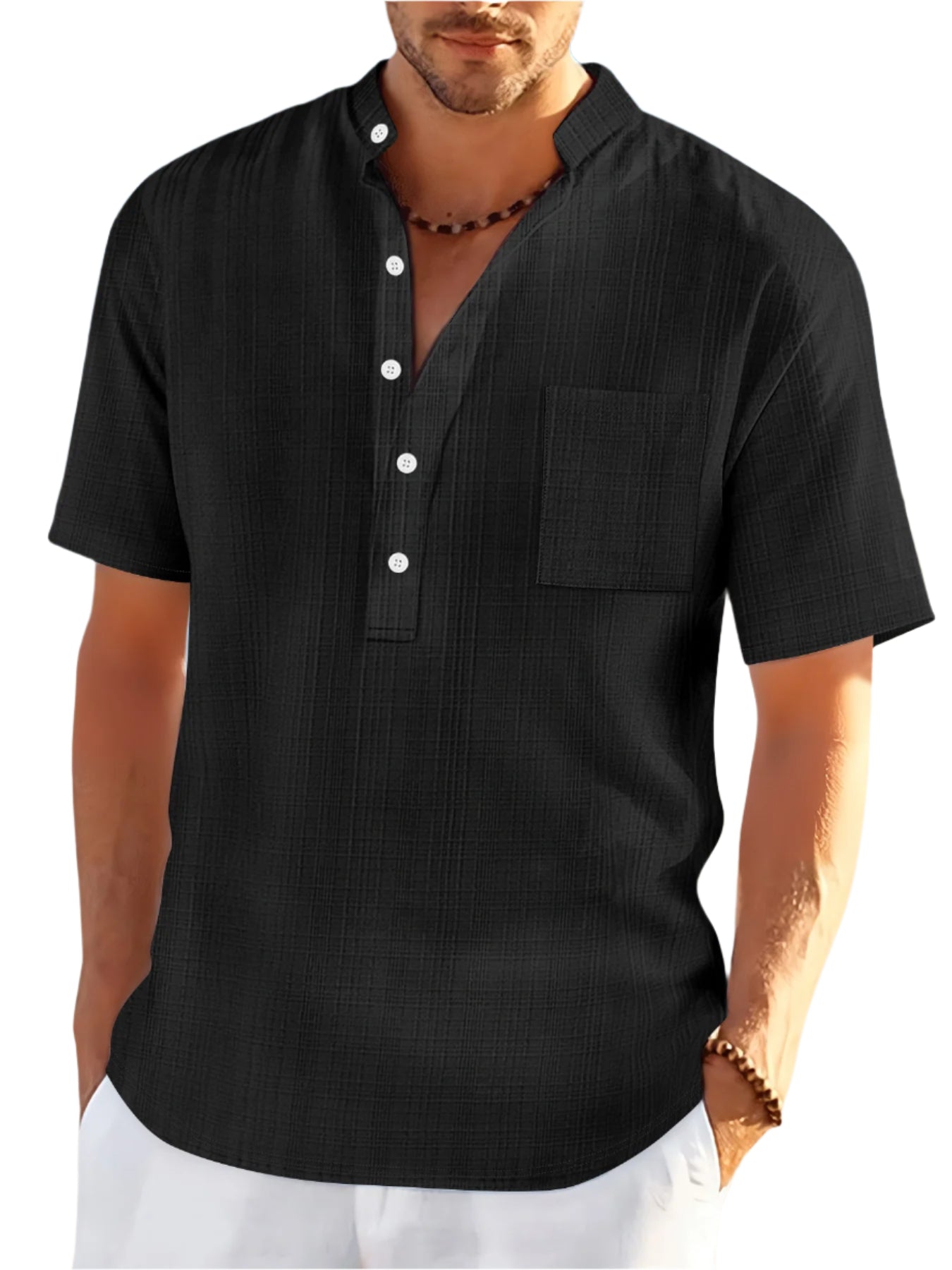 Stand Collar Short Sleeve Loose Leisure Vacation Henley Shirt - Acquisti Online