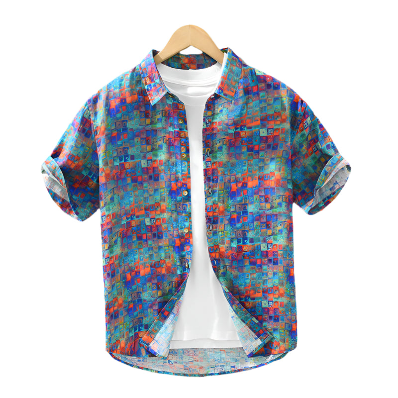 Men's Fashionable Casual Shirt Solid Color Cardigan Printed Polyester Fiber Slim Fit Regular Shirt Fashion Men's Short Sleeve Shirt