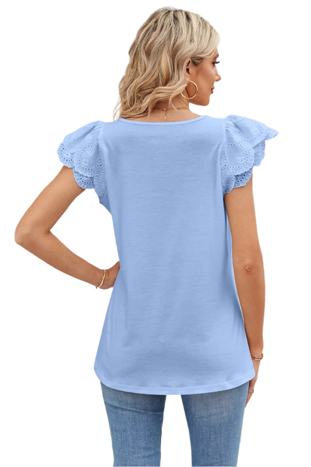 Effen T-shirt met korte mouwen en kanten patchwork, vierkante kraag en bloemblaadjesmotief voor dames