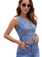 Dames denim top met V-hals en knoopjes, mouwloos