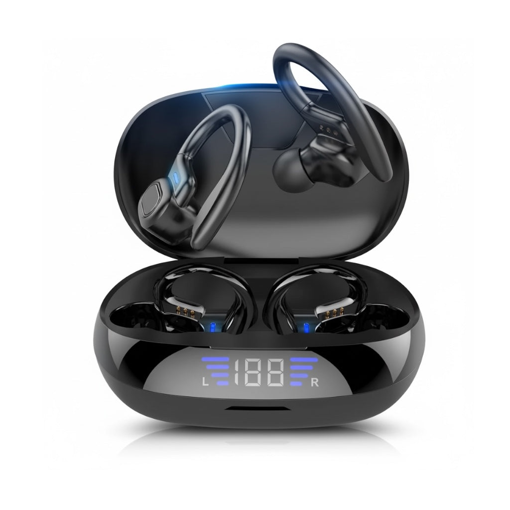 Auricolari wireless VV2, cuffie Bluetooth binaurali con gancio auricolare e controllo touch, cuffie con display LED