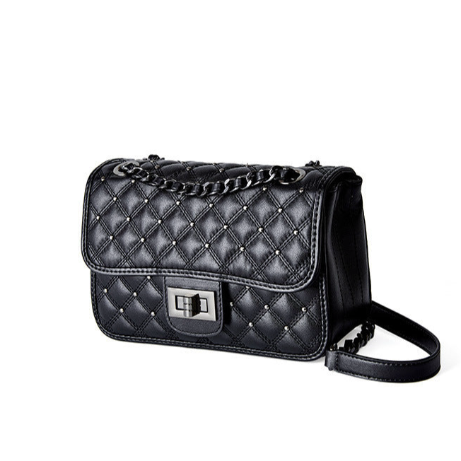 Damestas van echt leer met ruitvormige ketting, schoudertas met ketting en retro-stijl, damestas met ketting en crossbody-tas