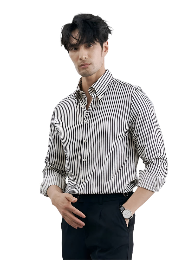 Camicia casual da uomo alla moda, stile business, formale, tinta unita, in poliestere, stile cardigan verticale, a righe, camicia casual da uomo