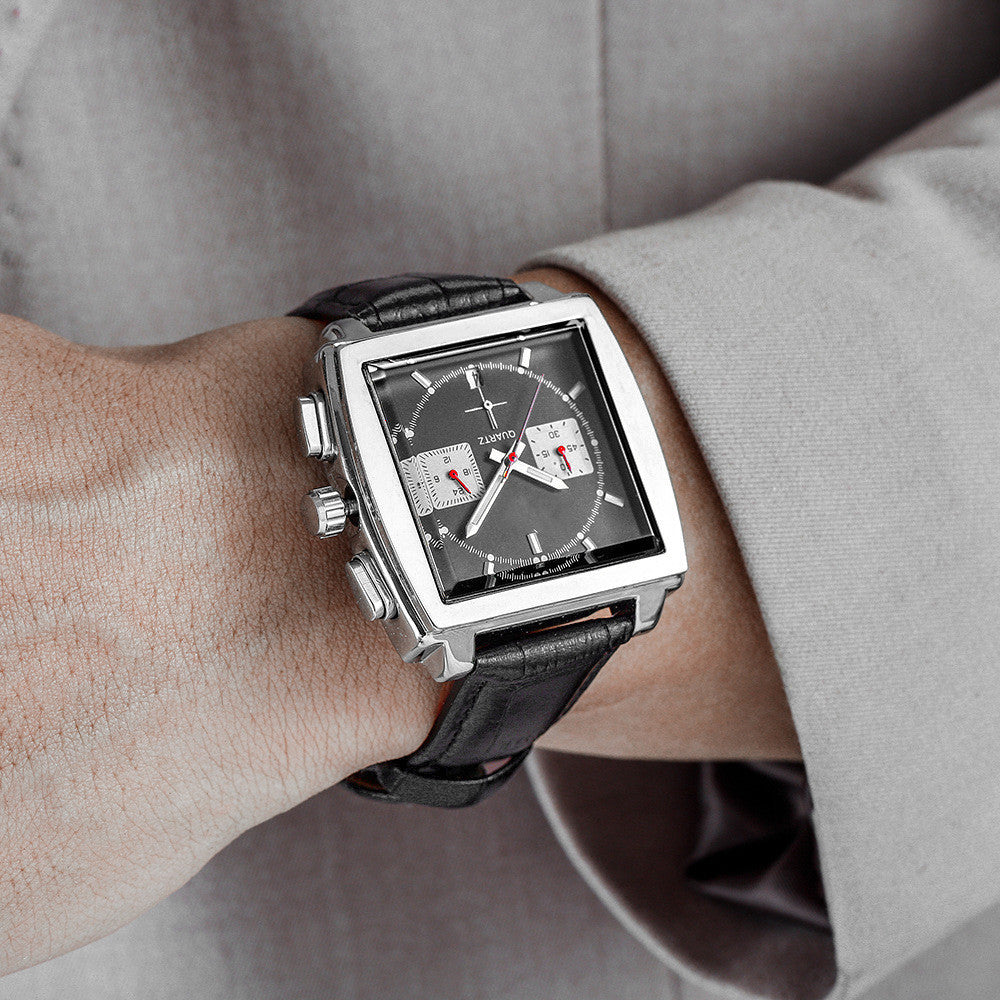Men's Fashion Multifunction Six Hands With Calendar Quartz Business Watches Wristwatch Monaco Chronograph Calibre 12 Mens Luxury Quartz Leather Strap Watch
