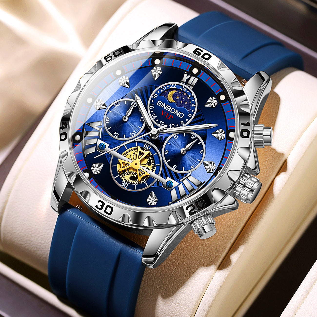 Binbond Brand Men Diamond Dial Watch Sports Men Soft Silicone Belt Quartz Movement Wristwatch Stainless Case Watches - Acquisti Online