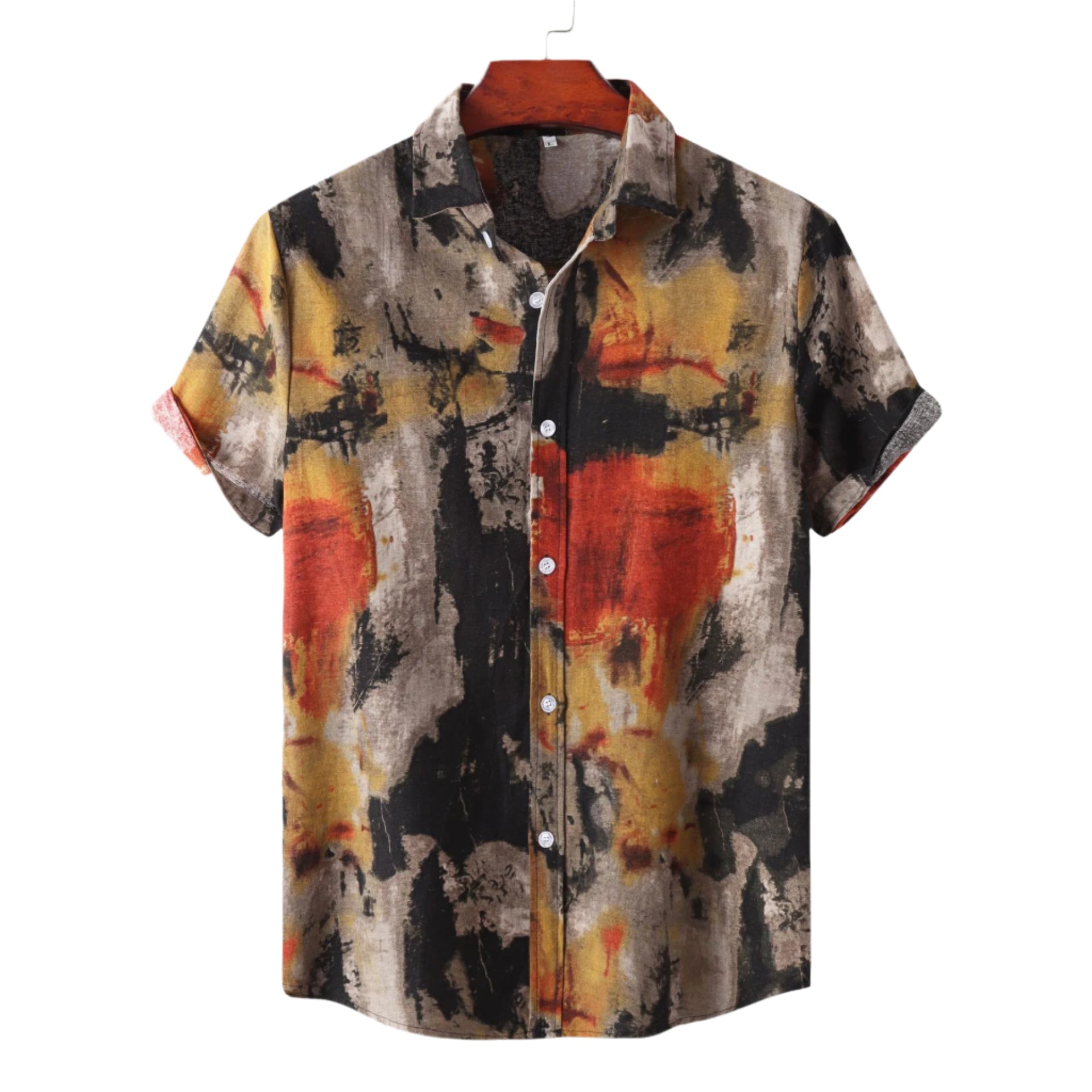 Men's Fashionable Casual Shirt Solid Color Vintage Print Casual Shirt Loose Fit Short Sleeve Men's Casual Shirt