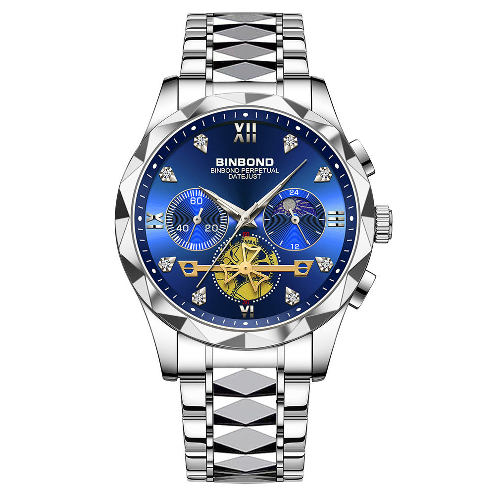 Mens Watch Diamond Big Face Stainless Steel Luxury Business Dress Date Day Wrist Watch Waterproof Luminous Multifunctional Quartz Watch - Acquisti Online
