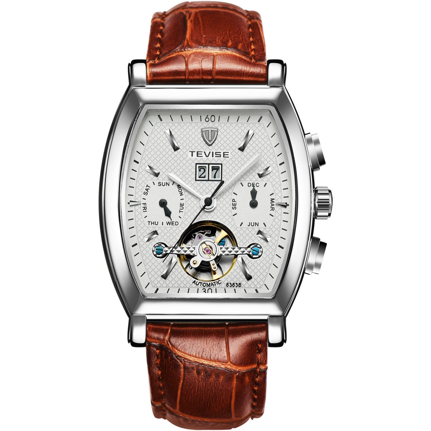 Tevise Man Automatic Movement Mechanical Watch Waterproof Leather Band Multifunctional Wine Barrel Men's Watch