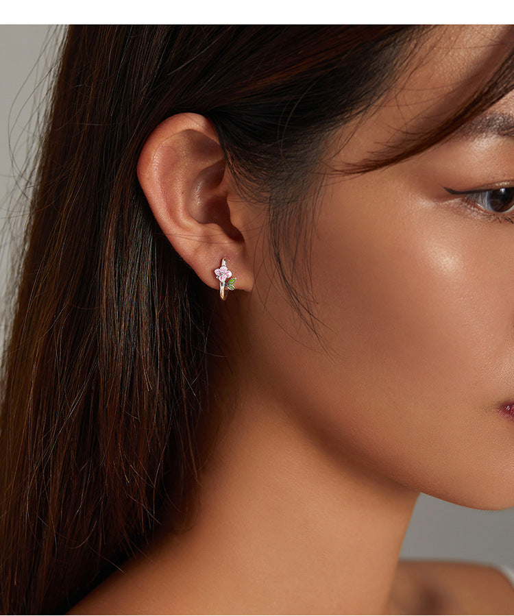 S925 Sterling Silver Spring Cherry Blossom Ear Studs Flower Green Leaf Earrings