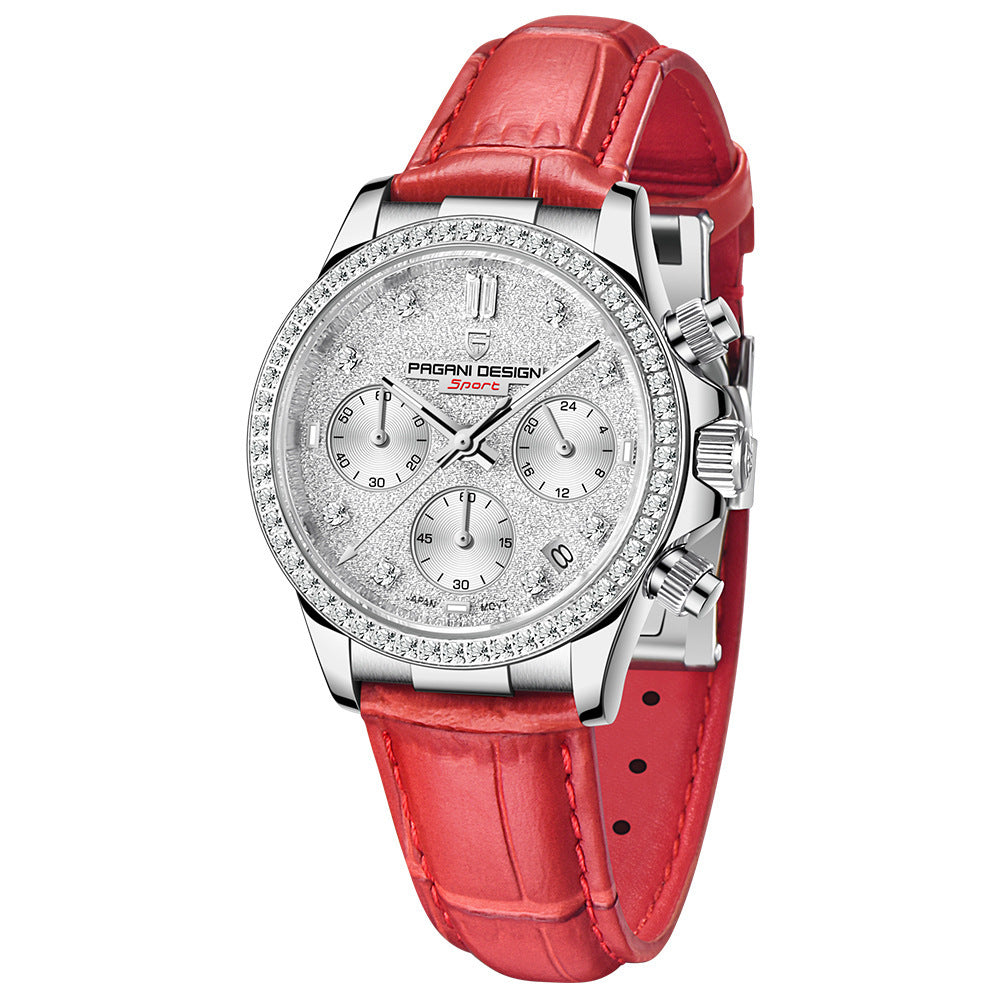 PAGANI Design Luxe Dames Quartz Horloge Leren Riem Rhionstone Gemaakt Waterdicht Chronograaf Dameshorloge