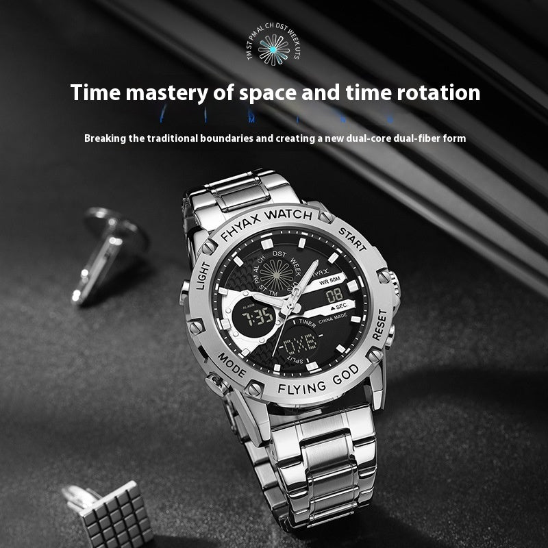 Men's Watches Top Brand Luxury Sports Quartz Electronic Watch Dual Display Wristwatch Stainless Steel Casual Watch
