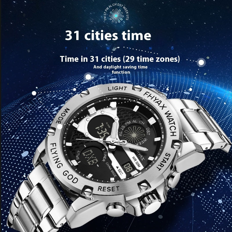 Men's Watches Top Brand Luxury Sports Quartz Electronic Watch Dual Display Wristwatch Stainless Steel Casual Watch