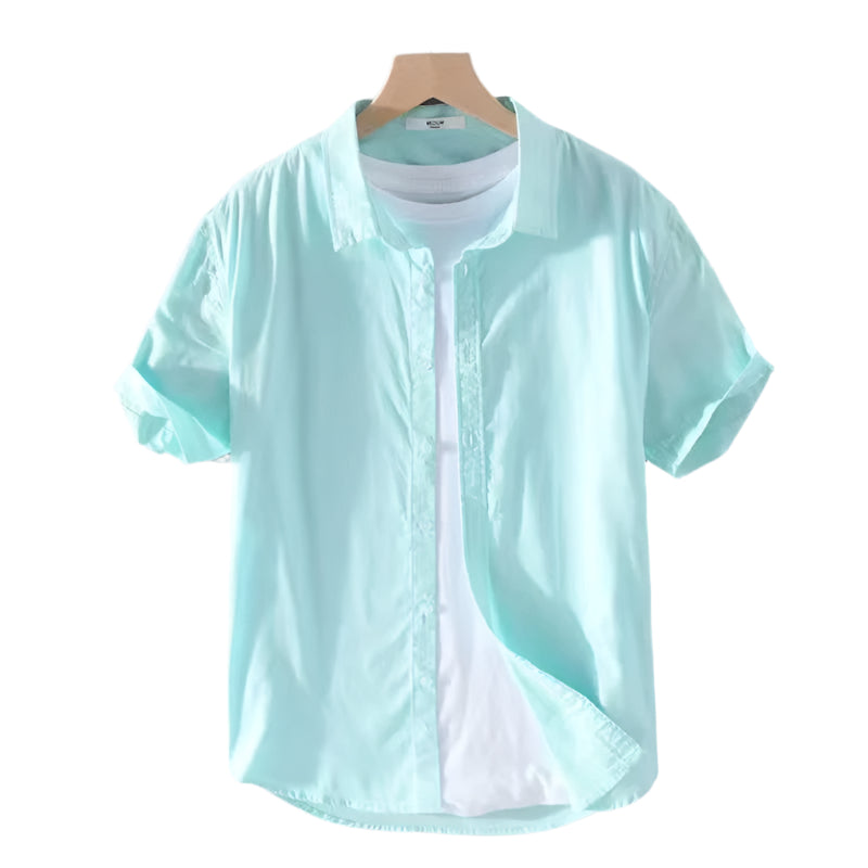Men's Casual Shirts Linen Blank Short Sleeve Thin and Breathable Cotton Shirt Fashionable Men's Up-to-Neck Shirt