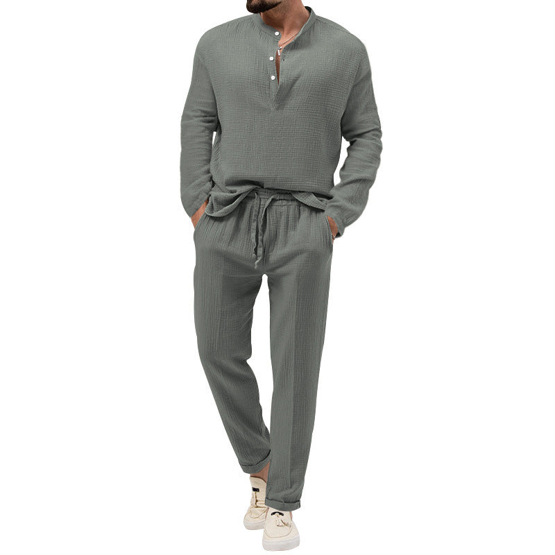 Men's Fashionable Casual Shirt Solid Color Polyester Fiber Casual Leisure T-shirt Long Sleeve Shirt Trousers Suit Men's Set - Acquisti Online