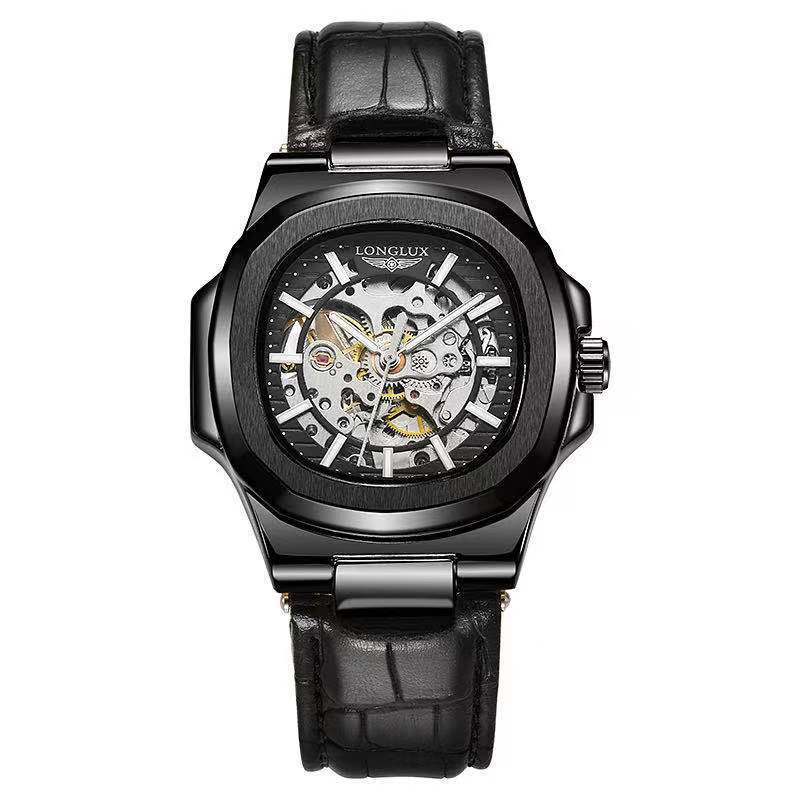 Men's Automatic Mechanical Watch Luxury Skeleton Waterproof Business Stainless Steel Barrel-shaped Leather Belt Men's Waterproof Mechanical Watch