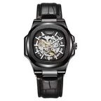 Men's Automatic Mechanical Watch Luxury Skeleton Waterproof Business Stainless Steel Barrel-shaped Leather Belt Men's Waterproof Mechanical Watch