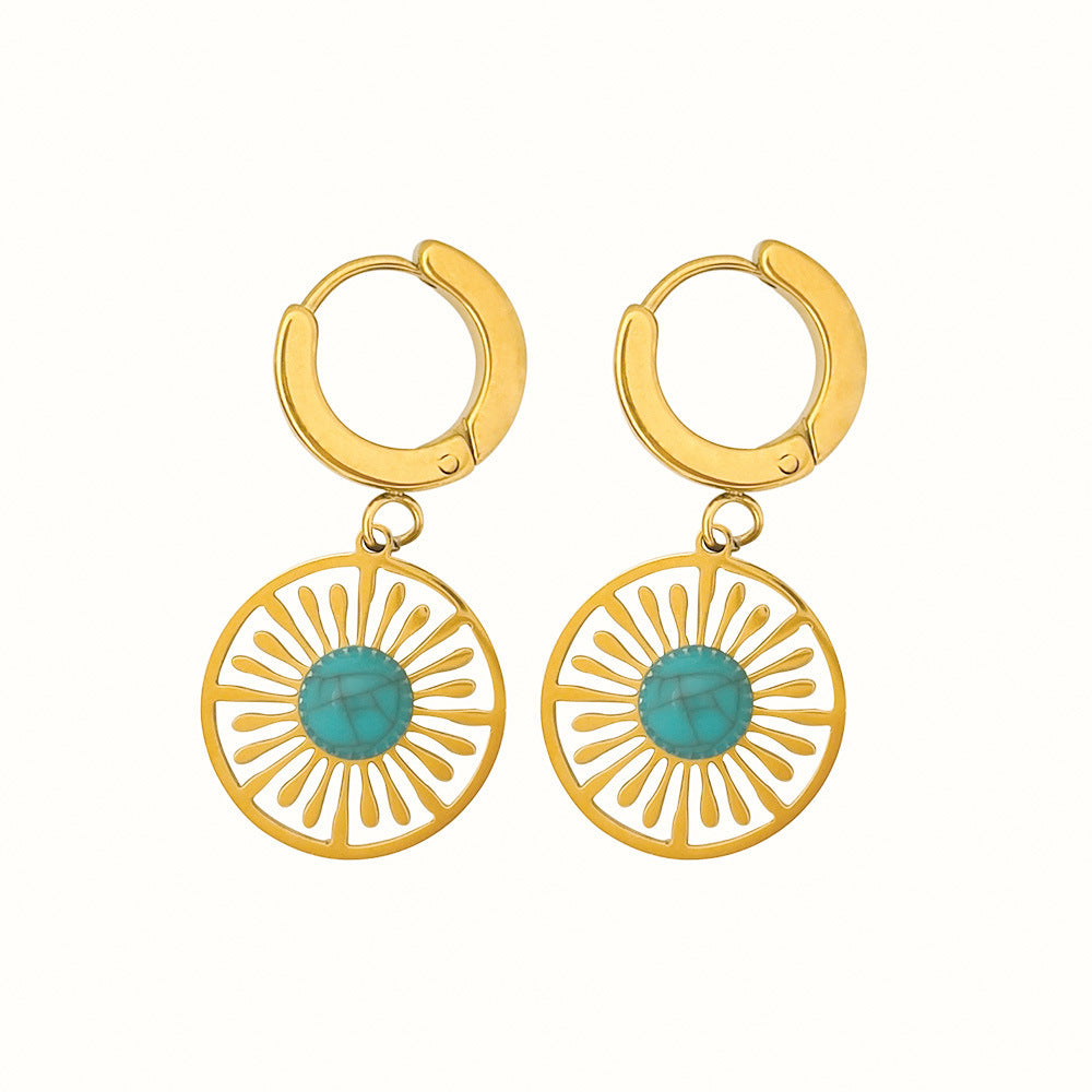 Geometric Round Hollow Women's Earrings Turquoise French Retro