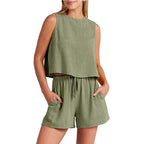 Damesset Zomer Mouwloze Tops en Shorts met Trekkoord Modepak 2-delig