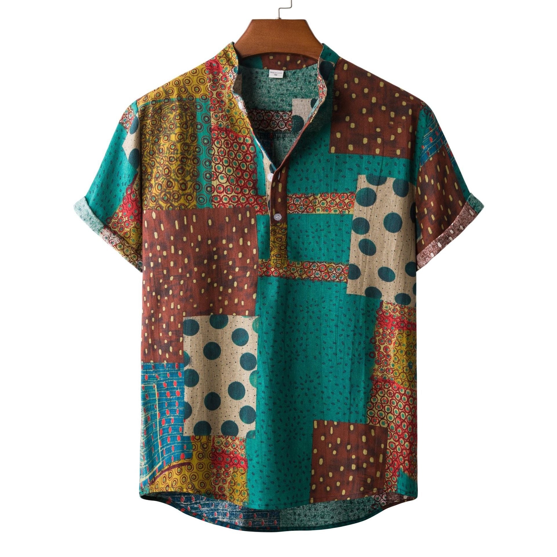 Men's Fashionable Casual Shirt Solid Color Vintage Ethnic Print Short Sleeve Lapel Collar Button Men's Casual Shirt