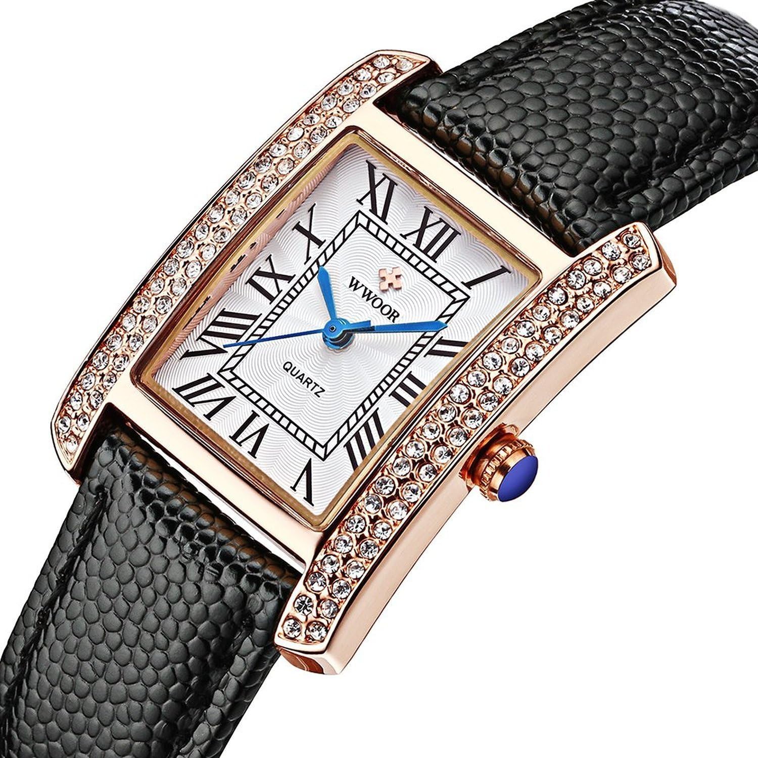 WWOOR Women's Leather Band Square Dial Women Watches Analog Quartz Waterproof Business Wrist Watch