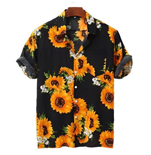 Camicie hawaiane casual da uomo, vestibilità ampia, stampa di girasoli, monopetto, maniche corte, colletto rovesciato