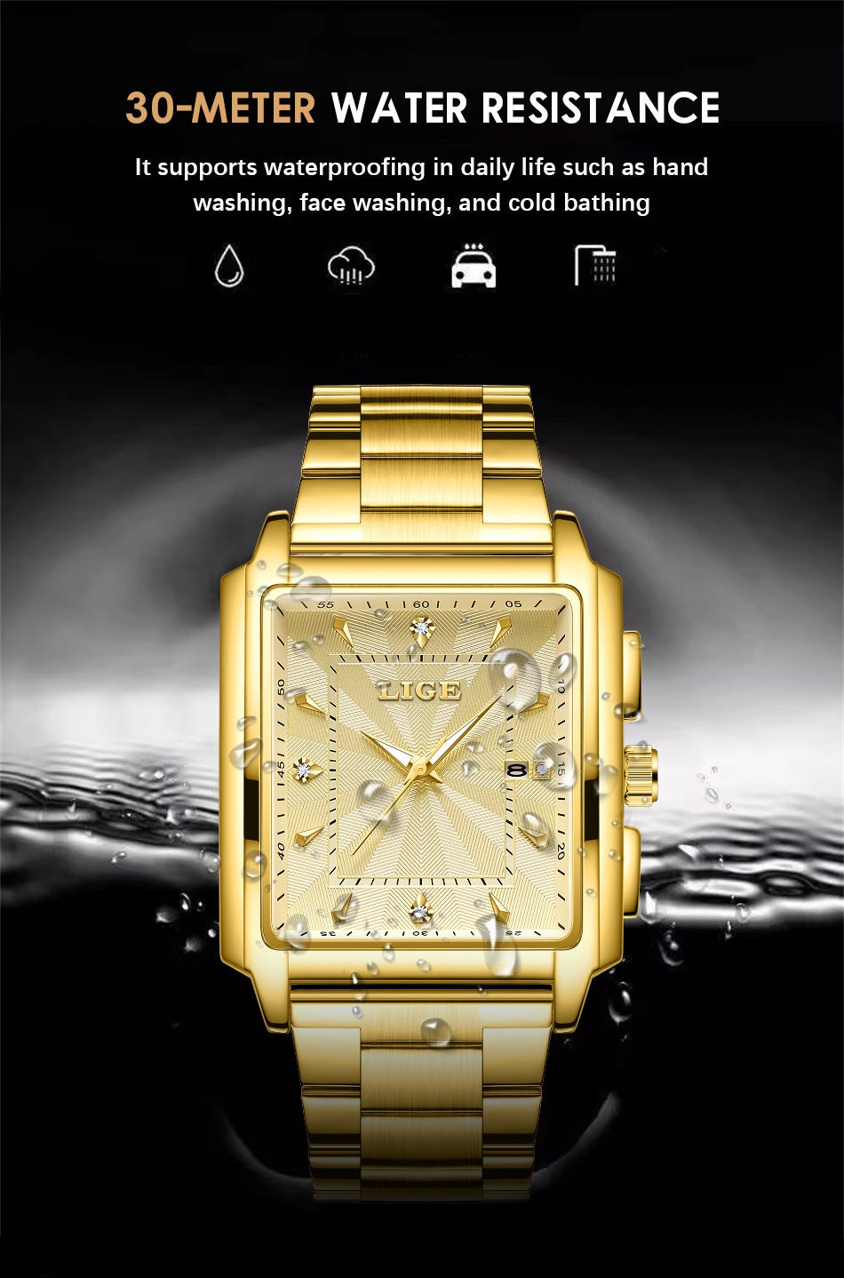 Lige Men's Business Casual Square Large Dial Steel Belt Watch Gold Color Quartz Automatic Movement Waterproof Watch - Acquisti Online