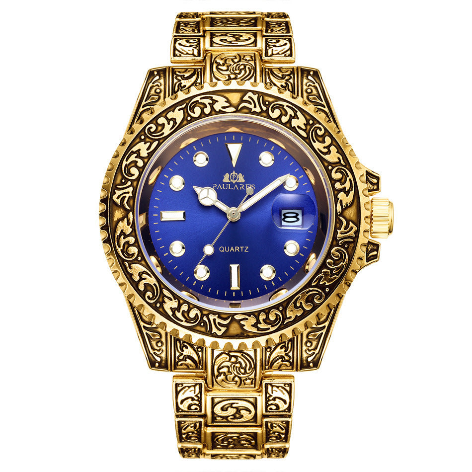 Orologio da uomo luminoso con calendario fantasma intagliato al quarzo e movimento ad acqua