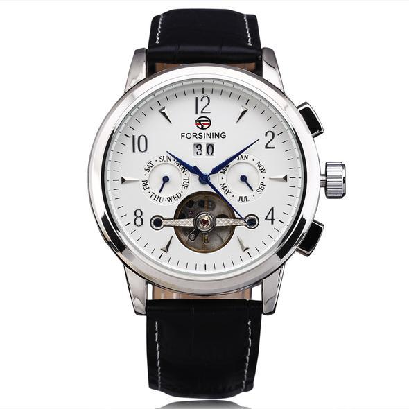 Orologio meccanico Forsining da uomo con tourbillon automatico, calendario giornaliero e cinturino in pelle 