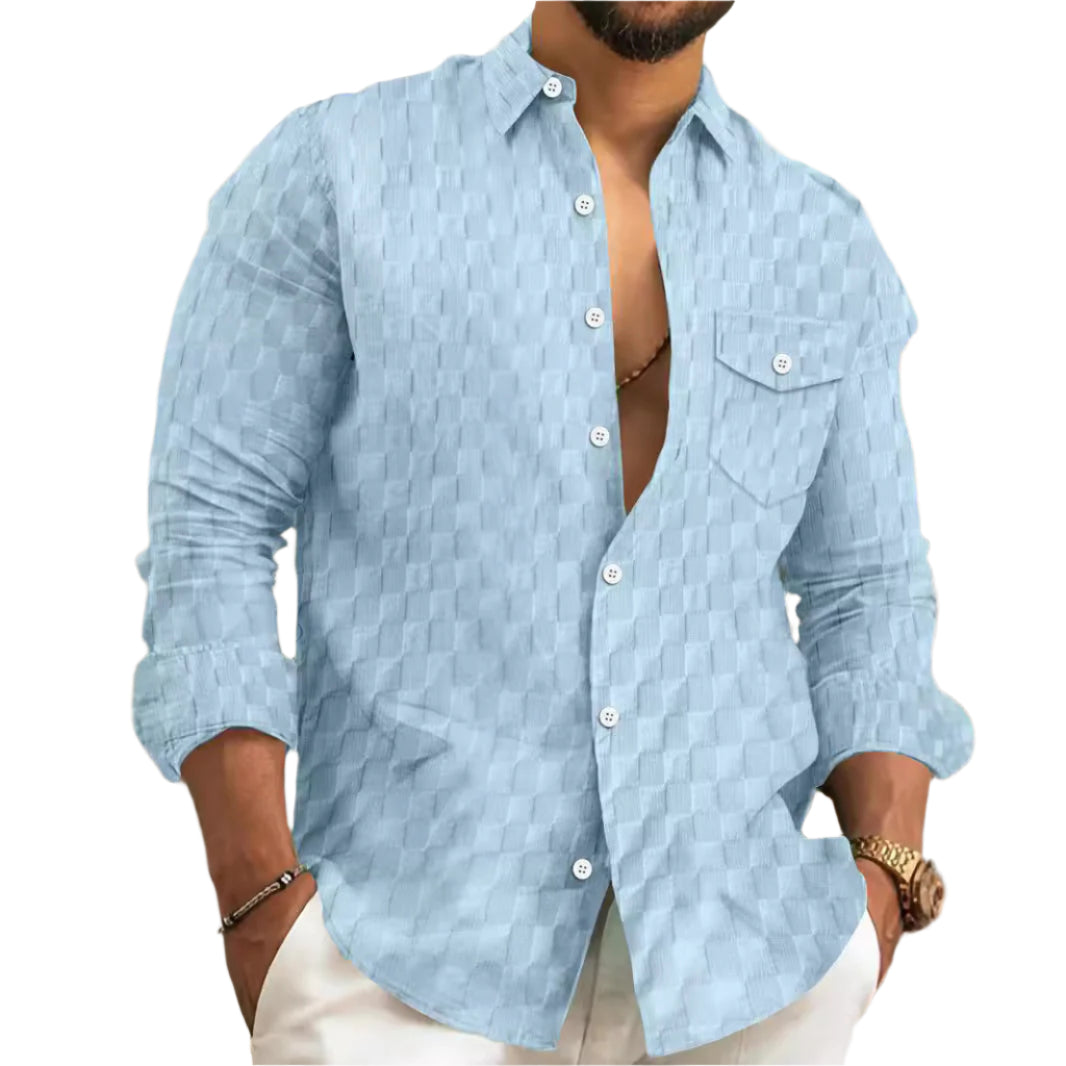 Heren geruit jacquard borstzak revers lange mouwen revers overhemd