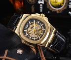 Men's Automatic Mechanical Watch Luxury Skeleton Waterproof Business Stainless Steel Barrel-shaped Leather Belt Men's Waterproof Mechanical Watch