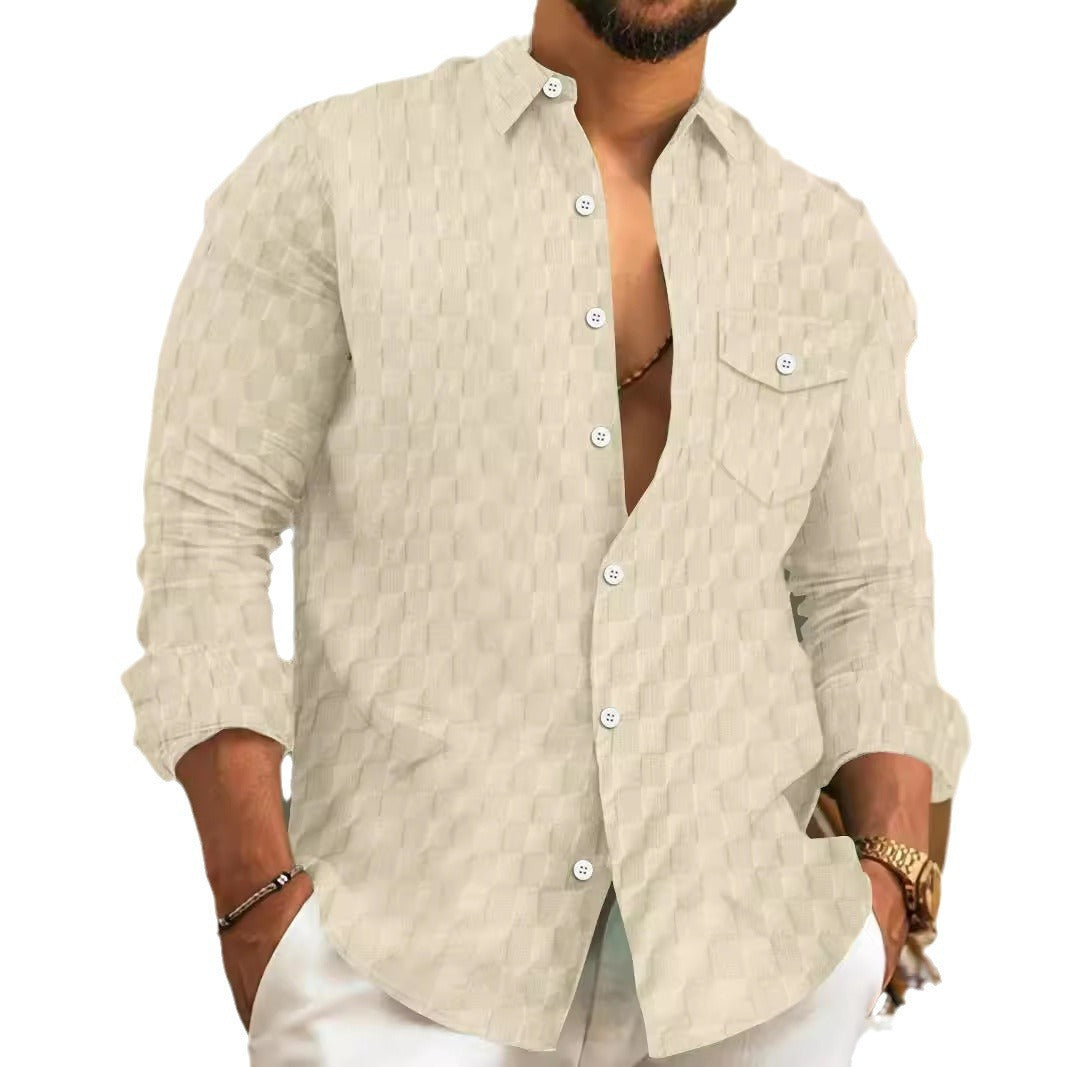 Heren geruit jacquard borstzak revers lange mouwen revers overhemd