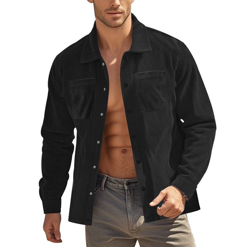 Men's Fashionable Shirt Long Sleeve Casual Multi Pocket Solid Color Corduroy Button up Slim Fit Men's Cardigan Shirt