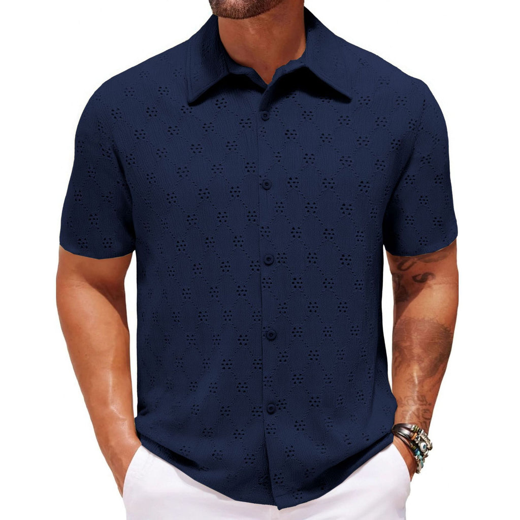 Hollow Jacquard Zomer Casual Korte Mouw Herenoverhemd
