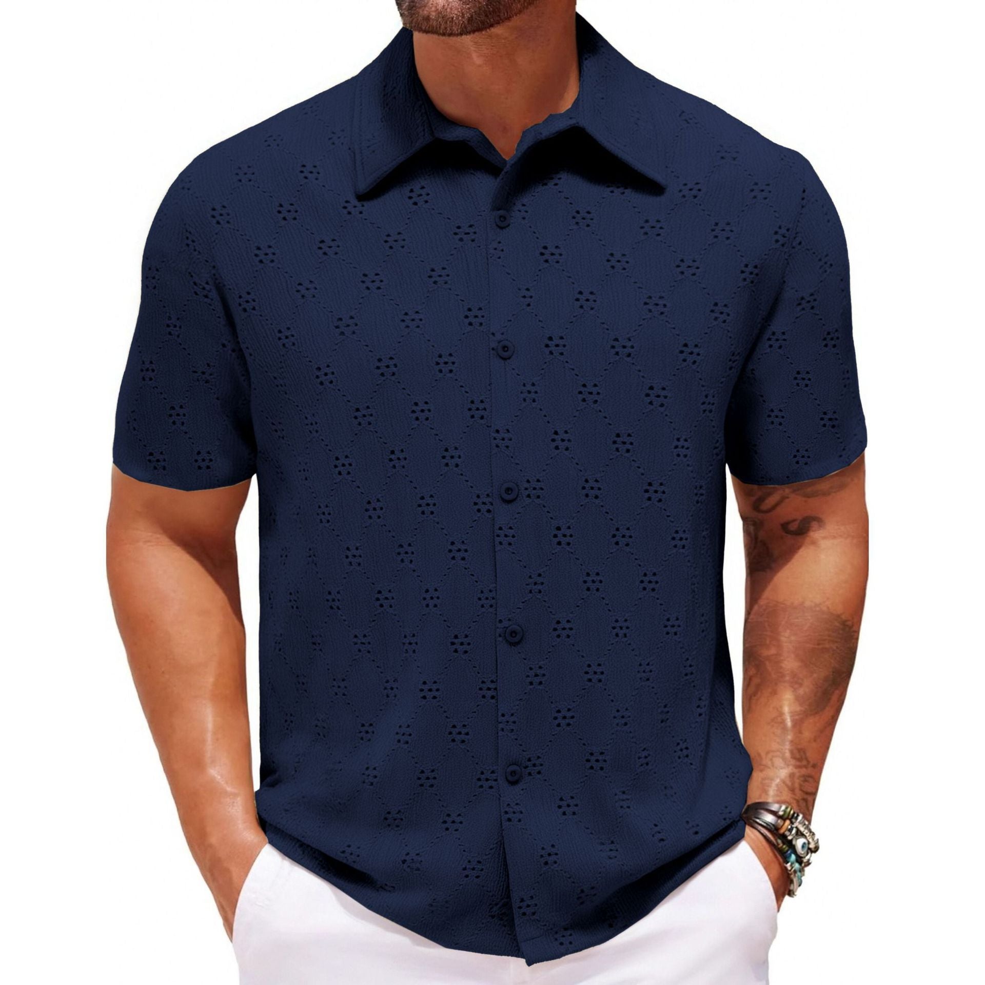 Hollow Jacquard Zomer Casual Korte Mouw Herenoverhemd