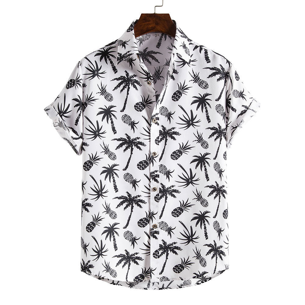 Men's Fashionable Casual Shirt Stripes/Tree Printed Short Sleeve Turn-down Collar Slim Hawaiian Men's Casual Shirt