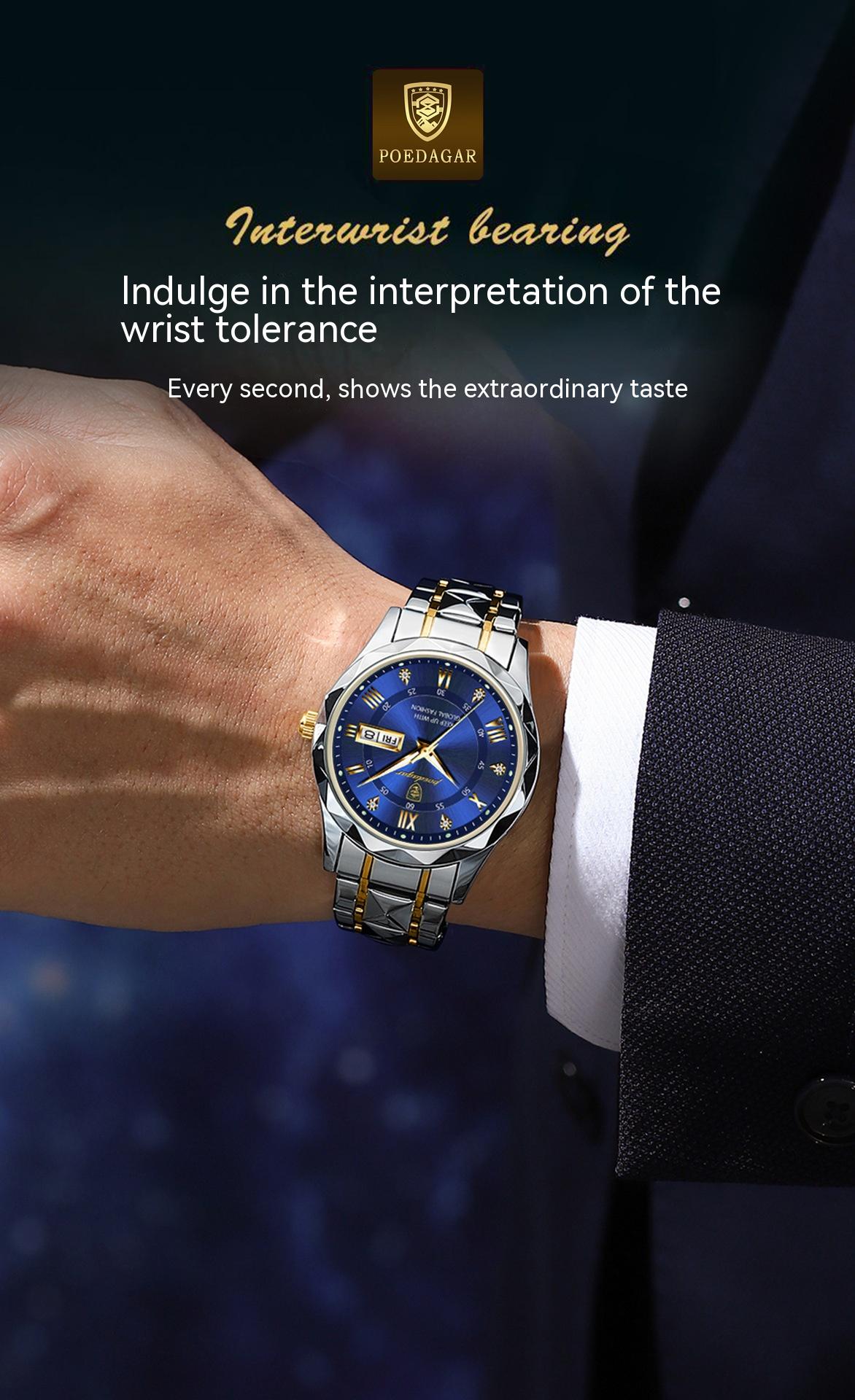 Orologio Poedagar da uomo, alla moda, casual-elegante, impermeabile, doppio datario, movimento automatico al quarzo luminoso