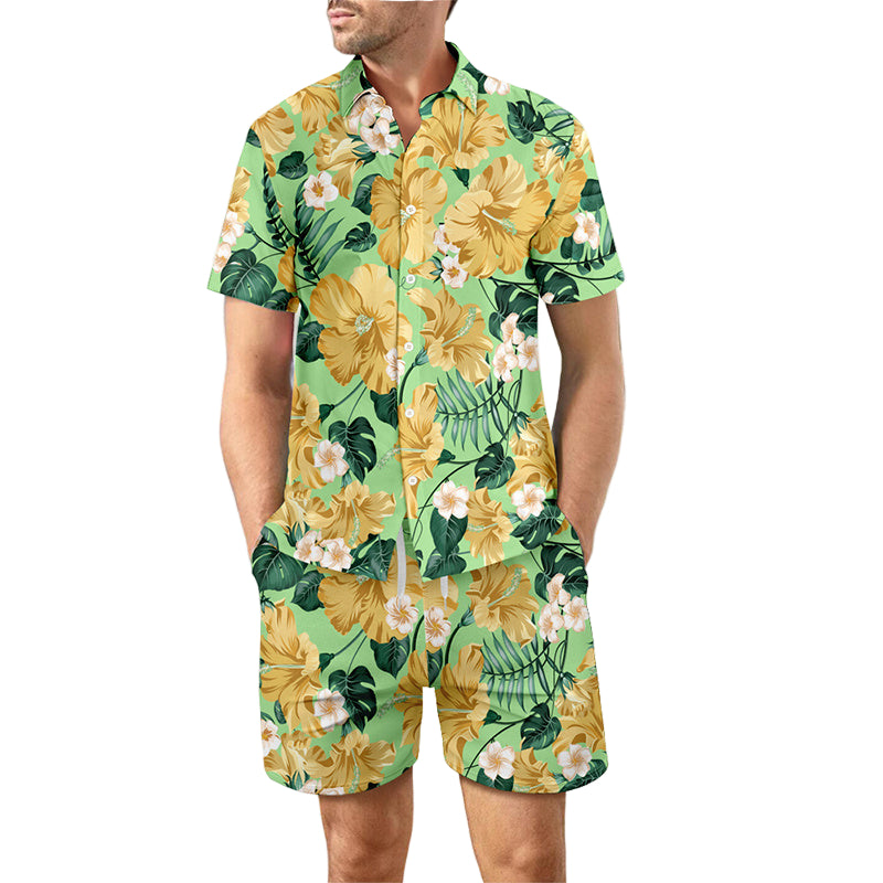 Men's Fashionable Casual Shirt 2Pcs Printed Suit Sets Loose Lapel Button Top Pure Cotton Men's Short Sleeve Shirt - Acquisti Online