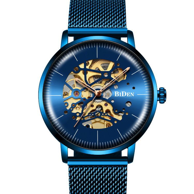 BIDEN 0052 Orologio meccanico di lusso da uomo 2025 con cinturino in maglia metallica, quadranti cavi, decorazione vintage, orologio da polso automatico da uomo