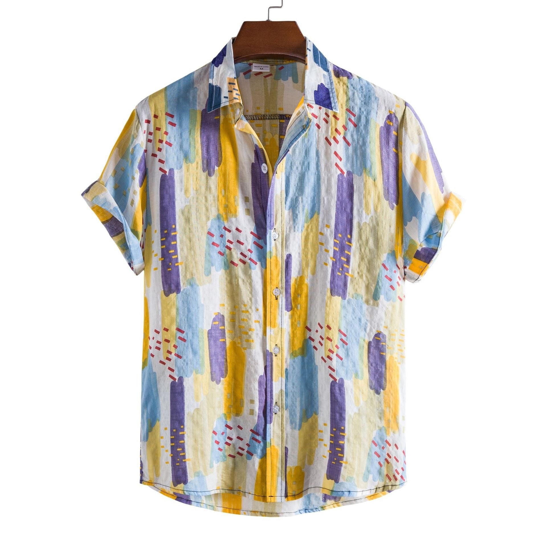 Modieus casual overhemd voor heren, effen kleur, vintage 3D-geprint patroon, korte mouwen, Hawaiiaans casual overhemd voor heren
