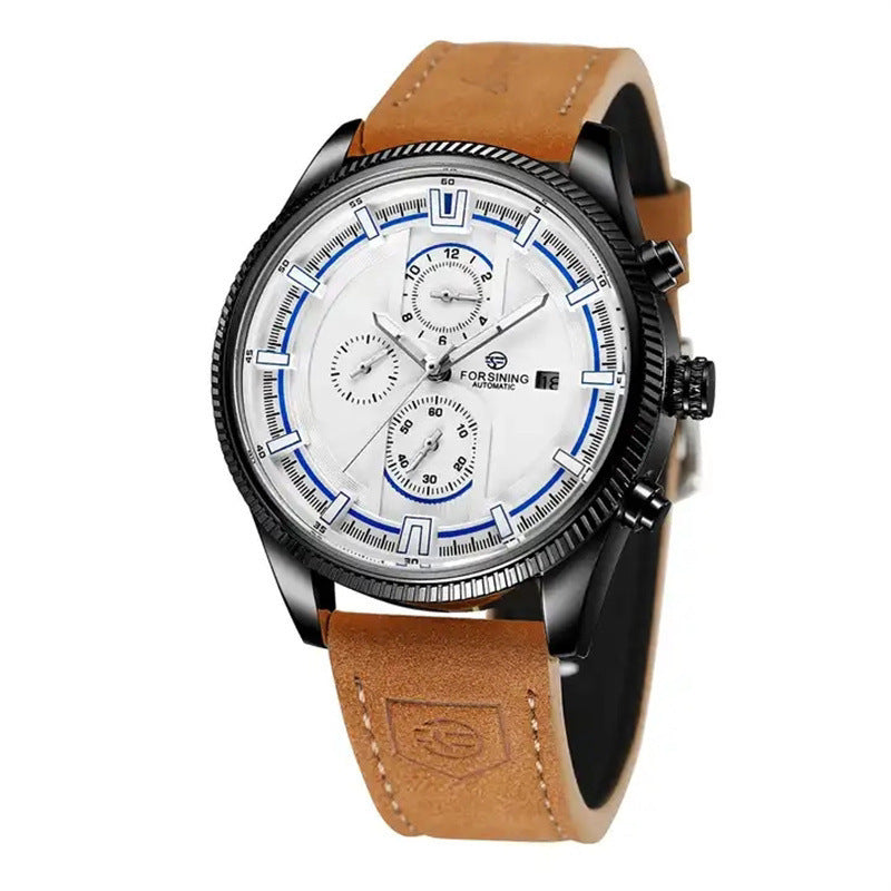Orologio da polso casual da uomo FORSINING con tourbillon automatico, impermeabile e calendario, cinturino in pelle marrone