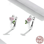 S925 Sterling Silver Spring Cherry Blossom Ear Studs Flower Green Leaf Earrings