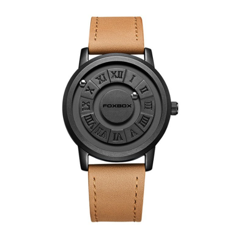FOXBOX-Men's Magnetic Quartz Wristwatch Creative Scroll Pointer Genuine Leather Watch