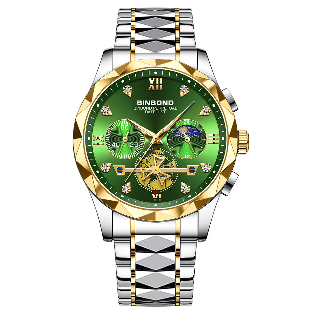 Mens Watch Diamond Big Face Stainless Steel Luxury Business Dress Date Day Wrist Watch Waterproof Luminous Multifunctional Quartz Watch - Acquisti Online