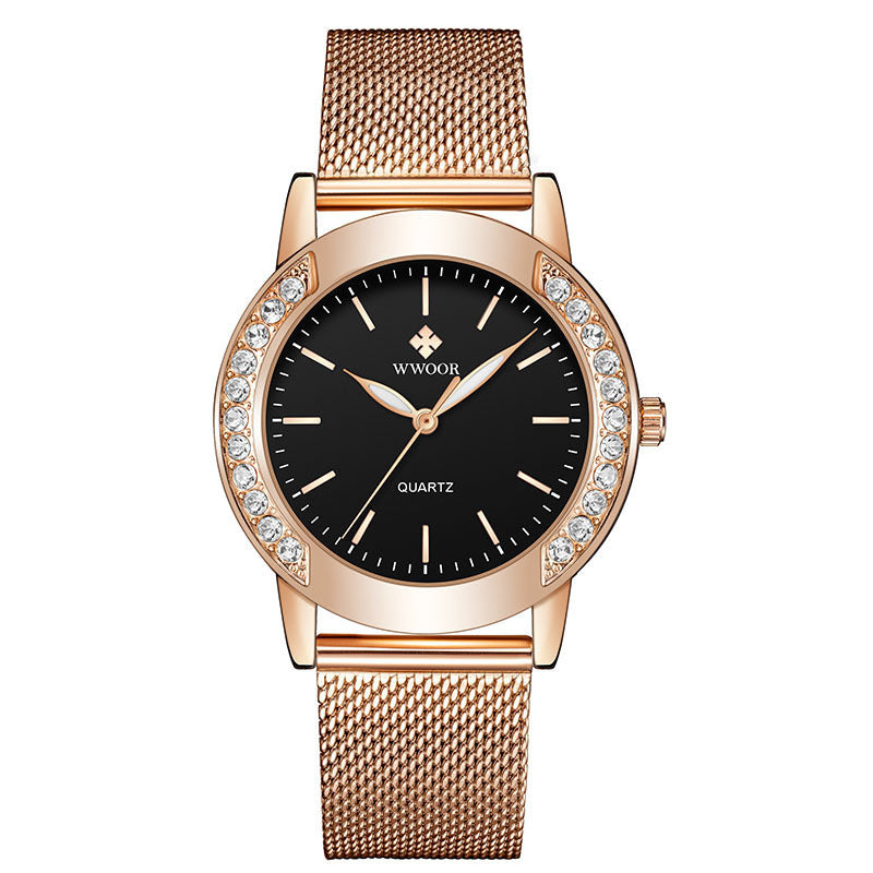 WWOOR Luxe dameshorloges met diamanten top, nieuw modehorloge voor dames, quartzhorloge met mesh band en armband voor dames
