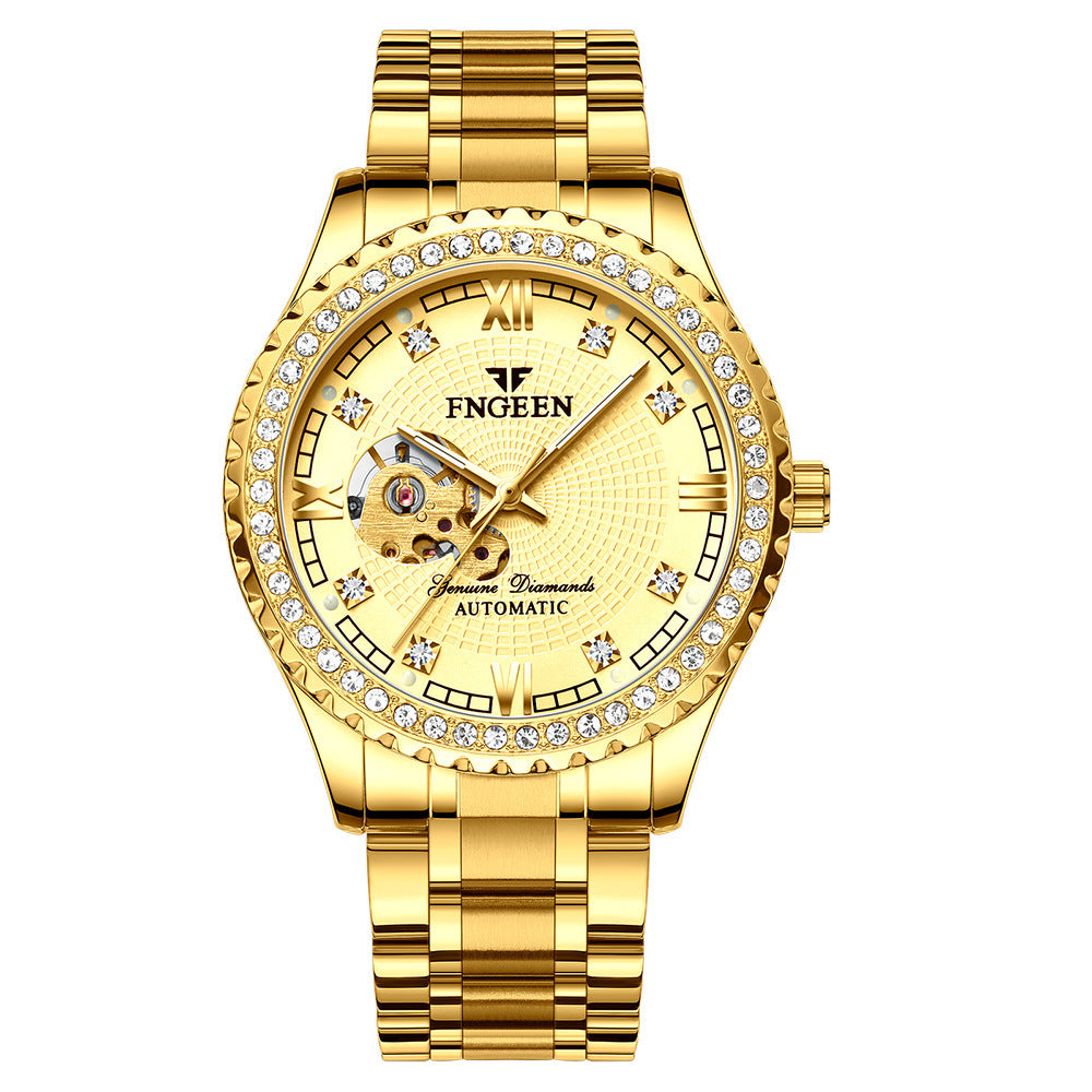 FNGEEN Explosion Automatic Double Sided Hollow Luminous Stainless Steel Strap Diamond Inlaid Men Mechanical Watch