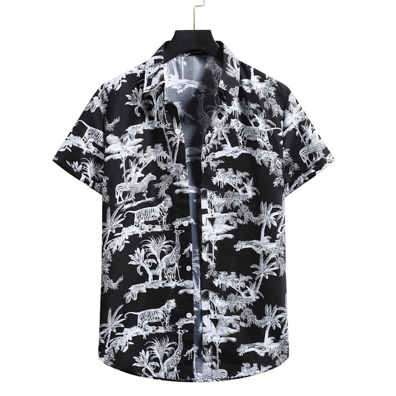 Modieus casual overhemd voor heren, effen kleur, vintage 3D-geprint patroon, korte mouwen, Hawaiiaans casual overhemd voor heren