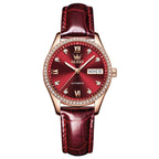 2025 OLEVS Women's Classic Luxury Automatic Mechanical Watch Wine Red Leather Strap Fashion Trend watch