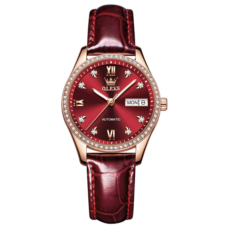 2025 OLEVS Women's Classic Luxury Automatic Mechanical Watch Wine Red Leather Strap Fashion Trend watch
