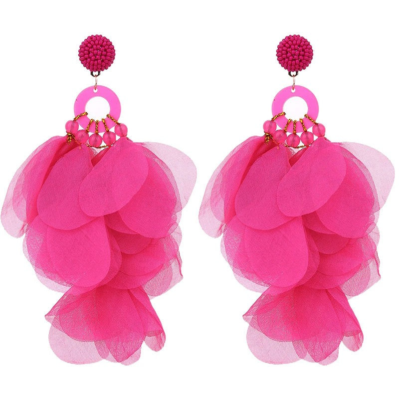 Handmade fabric floral earrings women's fashion exaggerated long earrings