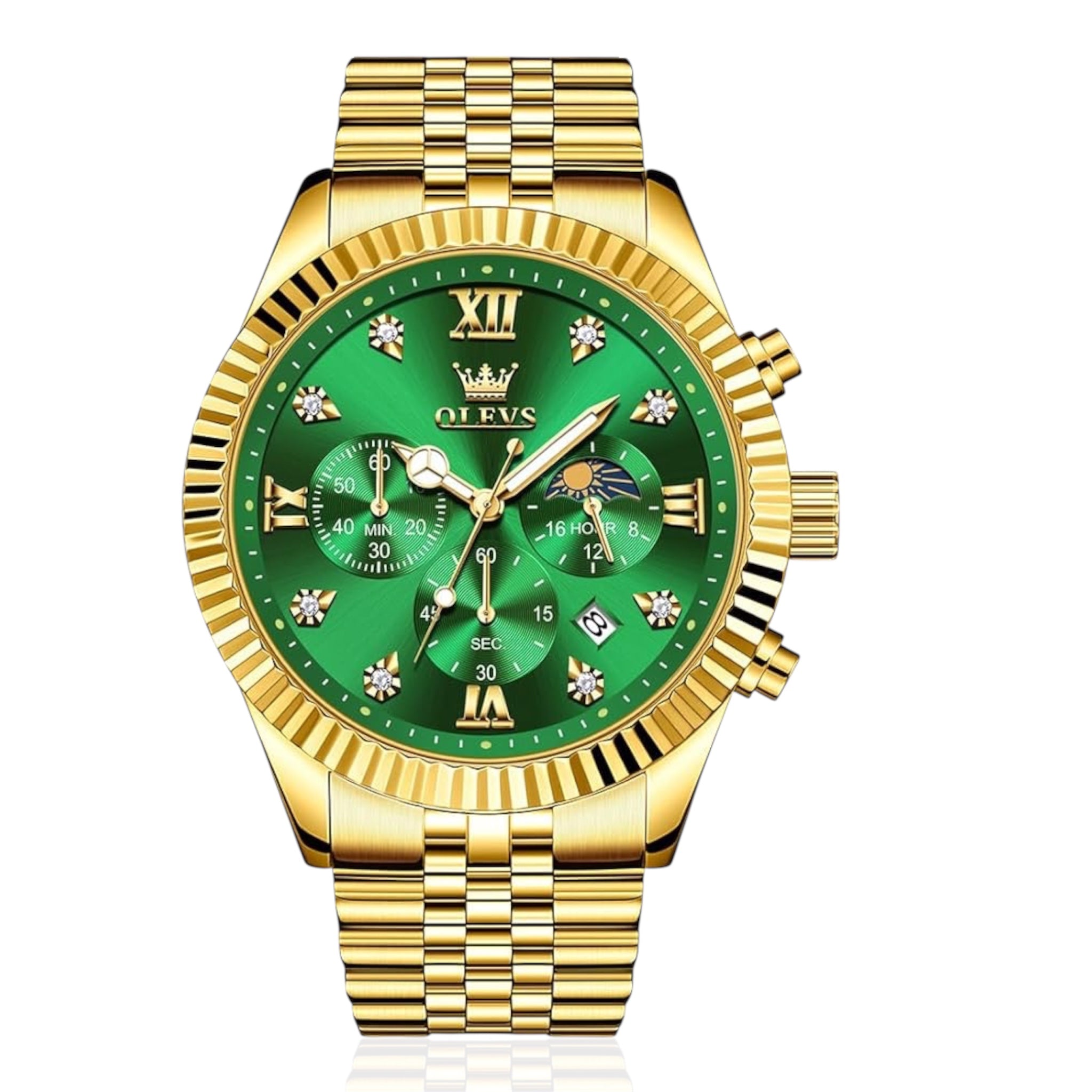 OLEVS Original Men Quartz Watch Chronograph Gold Stainless Steel Moon Phase Luxury Men's Watch - Acquisti Online